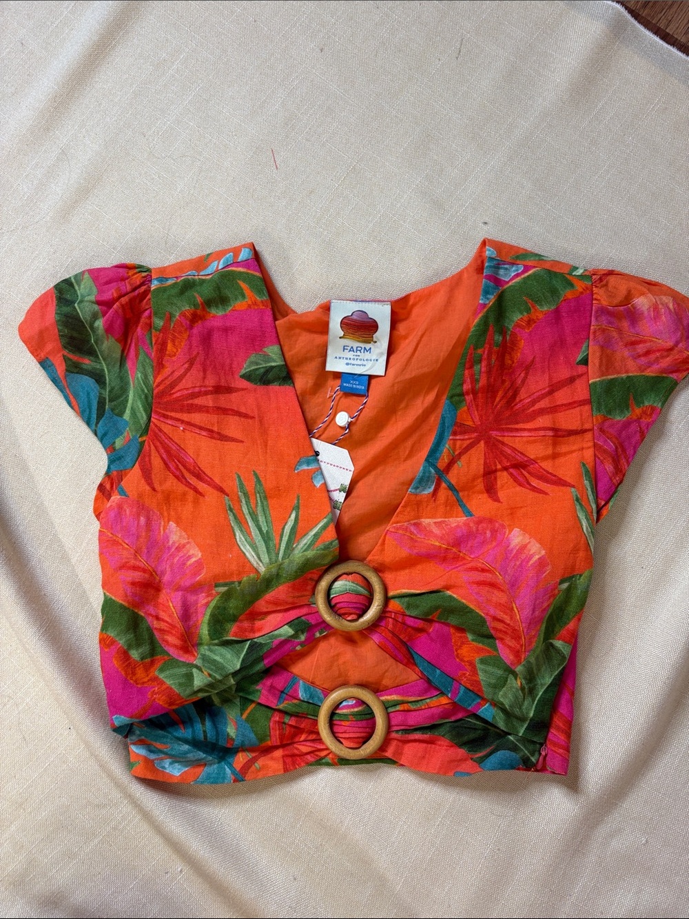 FARM Rio Orange Tropical Leaf Crop Top with Pink & Green Accents